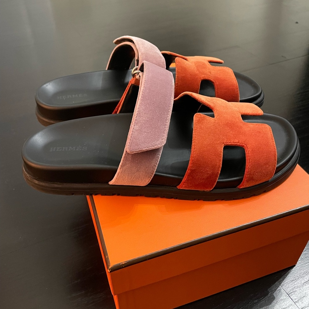 Hermes Orange and lilac velvet Chypre sandal